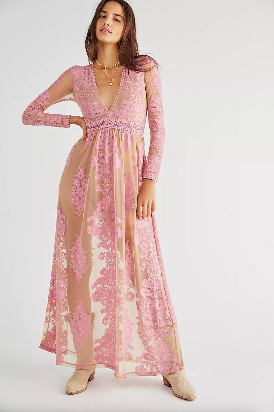 FOR LOVE & LEMONS x FREE PEOPLE Temecula Maxi Dress Light Pink Lace {3N18}
